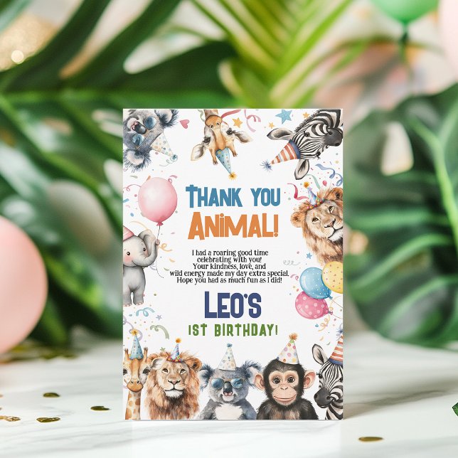 Tarjeta De Agradecimiento Fiesta salvaje llama a todos los animales Safari d (Wild Party Calling All Animals 1st Birthday Safari Thank You Card)