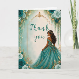 Tarjeta De Agradecimiento Fiesta Sweet Sixteen Floral Verde Turquesa Profund