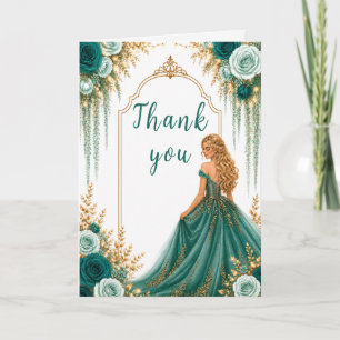 Tarjeta De Agradecimiento Fiesta Sweet Sixteen Floral Verde Turquesa Profund
