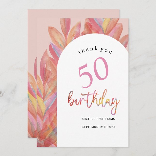 Tarjeta De Agradecimiento Fiesta tropical rosa artificial acuarela (Anverso / Reverso)