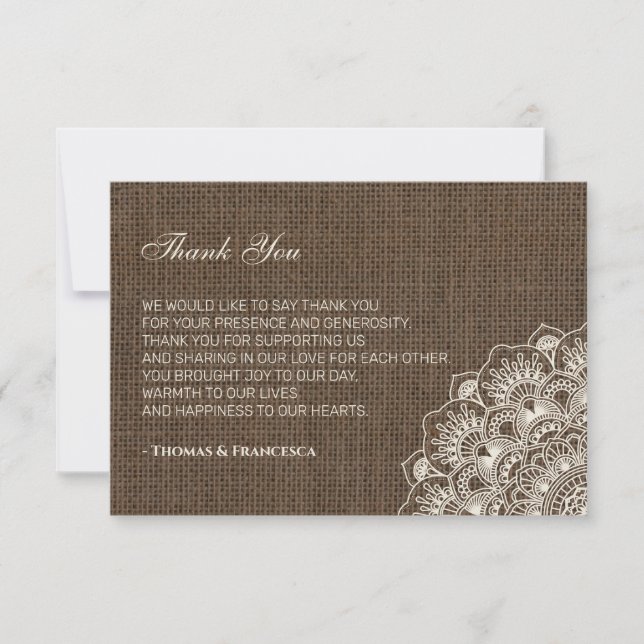 Tarjeta De Agradecimiento Filipiniana Lace en Burlap Boda Gracias (Anverso)