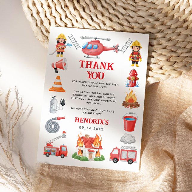 Tarjeta De Agradecimiento Firetrucks Boy 1st Birthday Cute Little Firefigher (Firetrucks Boy 1st Birthday Cute Little Firefigher Thank You Card)