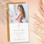 Tarjeta De Agradecimiento Firma Dorada Foto Primera Comunión Sagrada<br><div class="desc">Con un nombre de firma de guión dorado. Personalice con su foto y su primer mensaje especial de agradecimiento a la comunión sagrada en letras de oro de moda en este diseño elegante. Diseñado por Thisisnotme©</div>