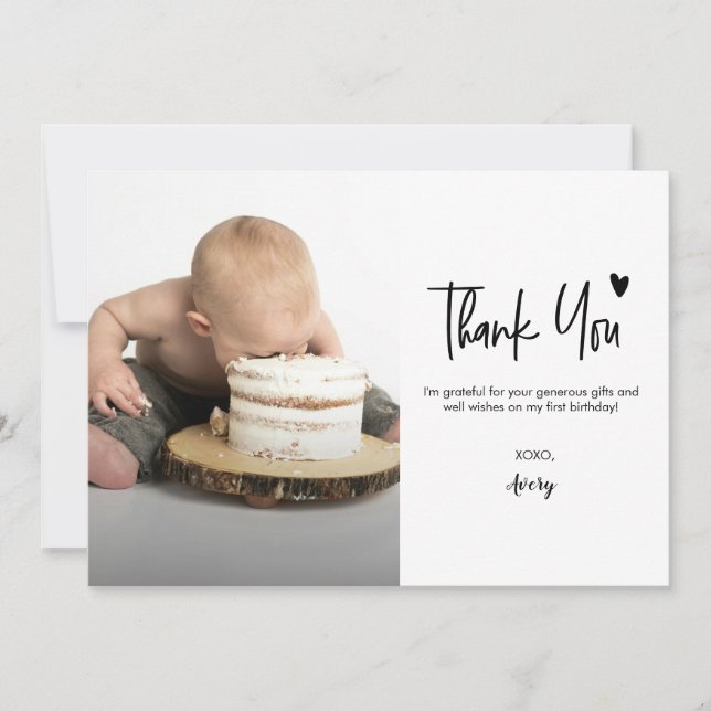Tarjeta De Agradecimiento First Birthday Baby Photo Modern heart Script (Anverso)