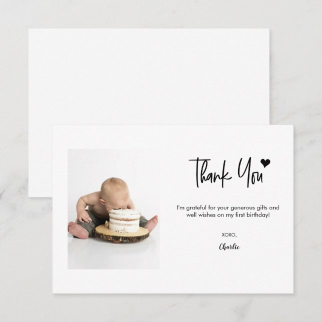 Tarjeta De Agradecimiento First Birthday Custom Photo Modern script note  (Anverso / Reverso)
