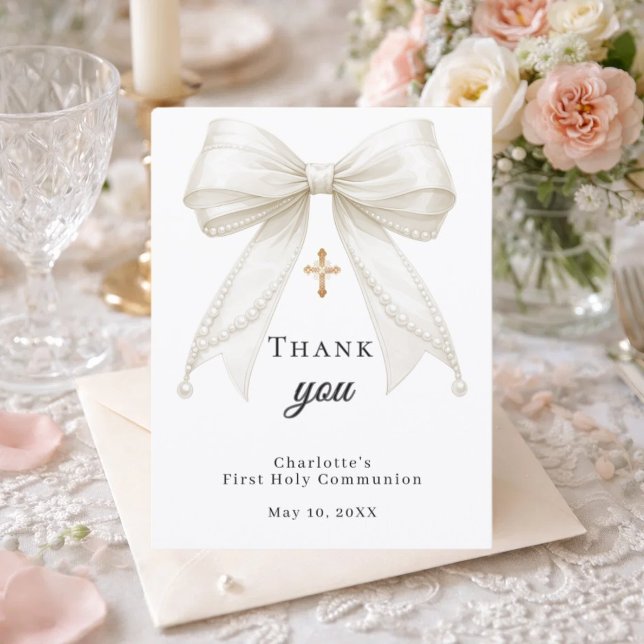 Tarjeta De Agradecimiento First Communion bow white ivory pearls (Subido por el creador)