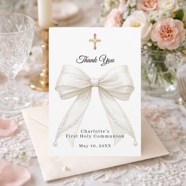 Tarjeta De Agradecimiento First Communion bow white ivory pearls girl (Subido por el creador)