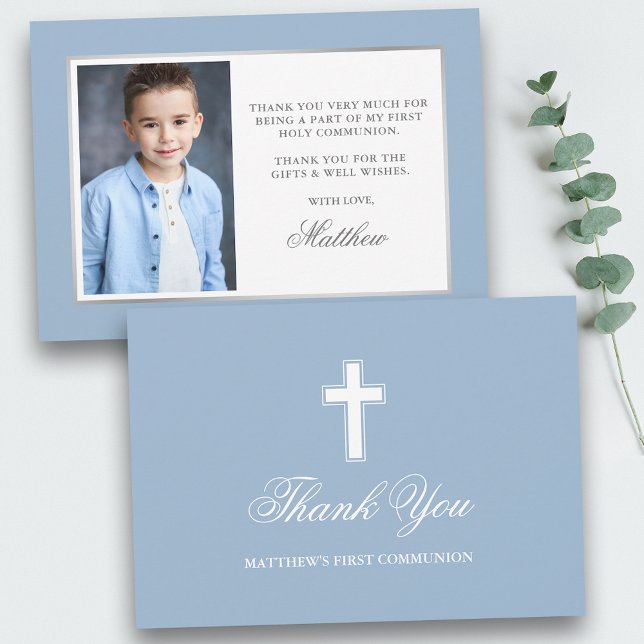 Tarjeta De Agradecimiento First Holy Communion Light Blue Photo (Customize to change text size, color or text style.)