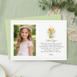 Tarjeta De Agradecimiento First Holy Communion Photo Elegant<br><div class="desc">Show your heartfelt gratitude to family and friends with this matching First Holy Communion thank you card. With your child's photo and an illustration of a golden chalice and lilies of the valley, this card is the perfect way to thank guests for their presence, prayers, and gifts. This personalized stationery...</div>