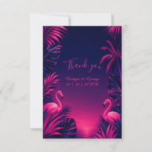 Tarjeta De Agradecimiento Flamenco Neon Hawái Floral Tropical Noche Bodas