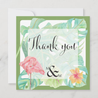 Tarjeta De Agradecimiento Flamenco Rosa, Hojas y flores tropicales para boda