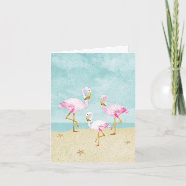 Tarjeta De Agradecimiento Flamencos rosas acuarelas en la playa (Anverso)