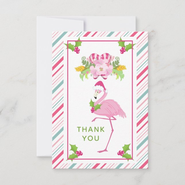 Tarjeta De Agradecimiento Flamingo rosa Santa Hat Candy Canes y Holly (Anverso)