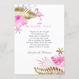 Tarjeta De Agradecimiento Flamingo Tropical Rosa y Oro Baby Shower gracias