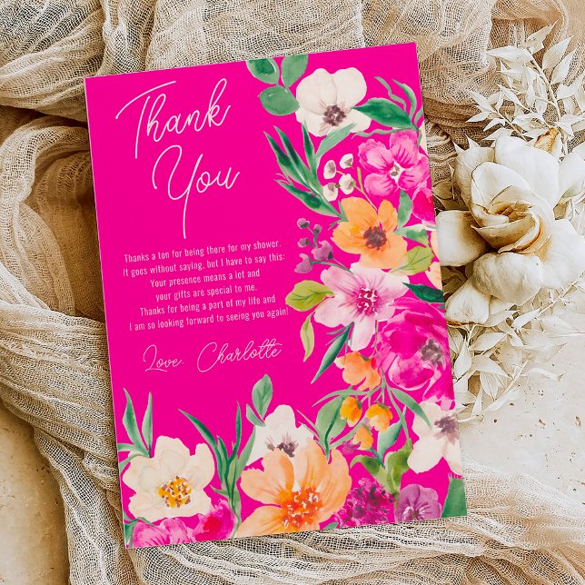 Tarjeta De Agradecimiento FlaRes silvestres brillantes y audaces script duch (Bright bold wild flowers script bridal shower thank you card on neon pink)