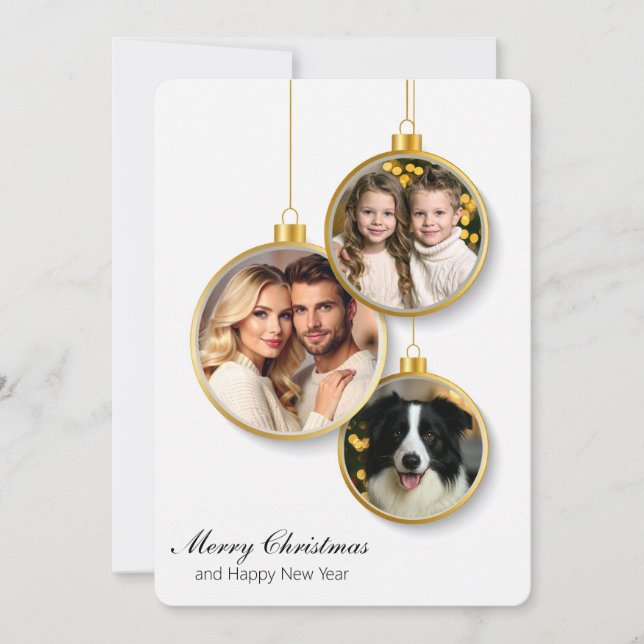 Tarjeta De Agradecimiento Flat Christmas Card with Family Photo Ornaments (Anverso)