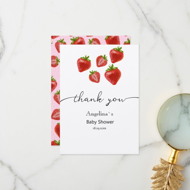 Tarjeta De Agradecimiento Flat Gracias Baby Shower Sweet Strawberries. (Anverso/Reverso In Situ)