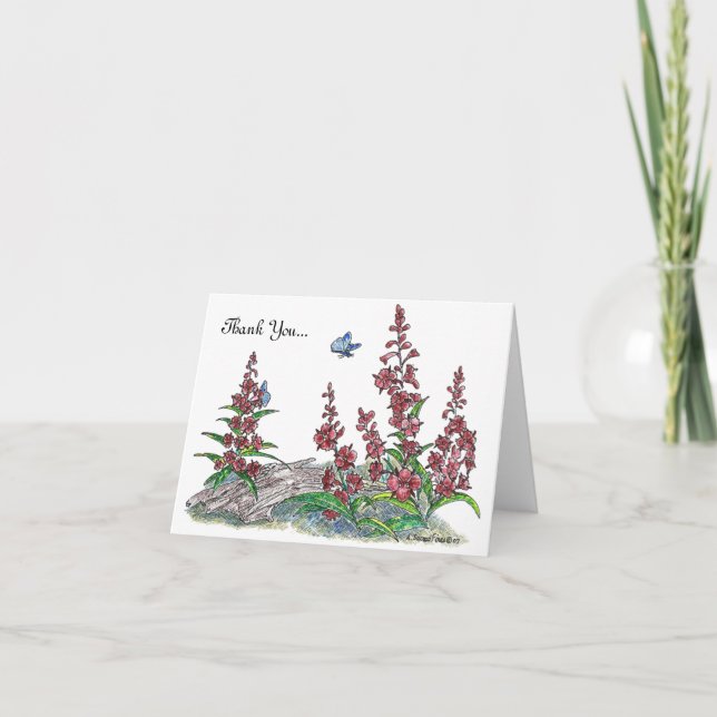 Tarjeta De Agradecimiento Flor Alaska con mariposa azul diseñada (Anverso)