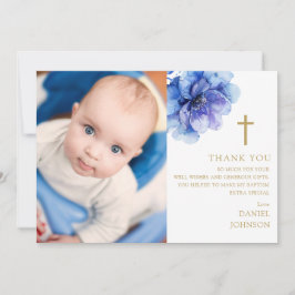 Tarjeta De Agradecimiento Flor azul acuarela Foto bautismo Christine