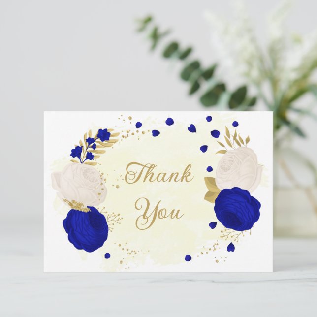 Tarjeta De Agradecimiento flor azul real y blanca boda botánico de oro (Anverso de pie)