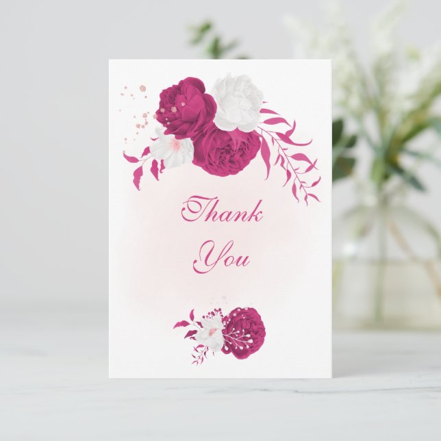 Tarjeta De Agradecimiento flor blanca fucsia boda botánico (Anverso de pie)