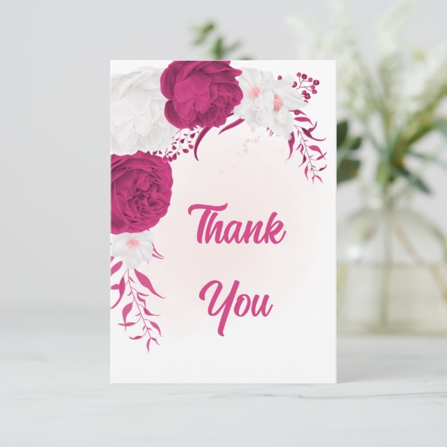 Tarjeta De Agradecimiento flor blanca fucsia boda botánico (Anverso de pie)