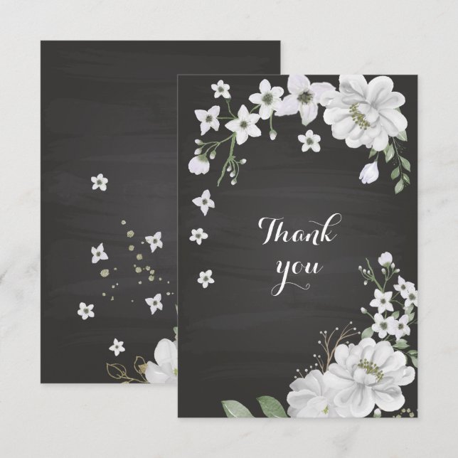 Tarjeta De Agradecimiento flor blanca verde negro (Anverso / Reverso)
