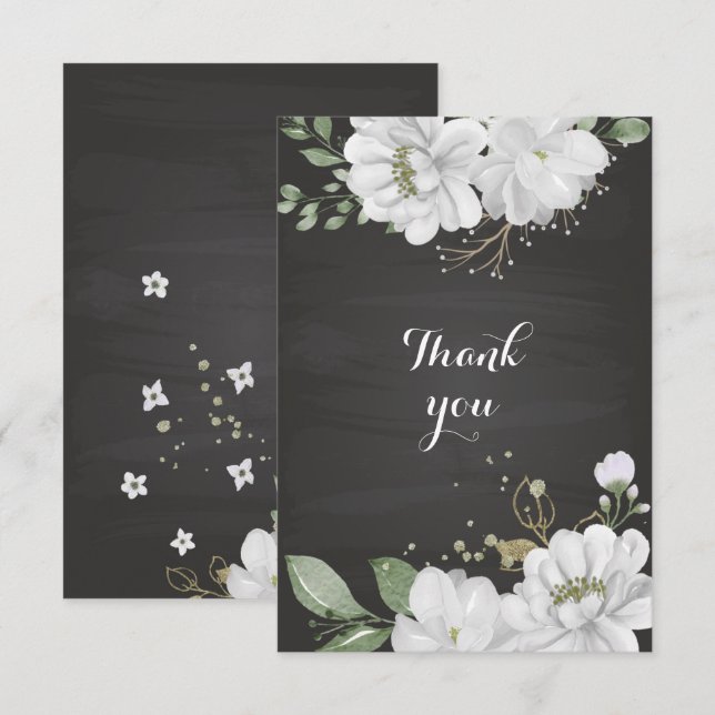 Tarjeta De Agradecimiento flor blanca verde negro (Anverso / Reverso)