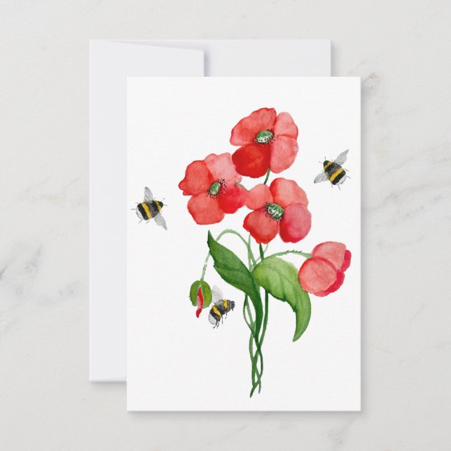Tarjeta De Agradecimiento Flor de adormidera escarlata y abejorros (Anverso)