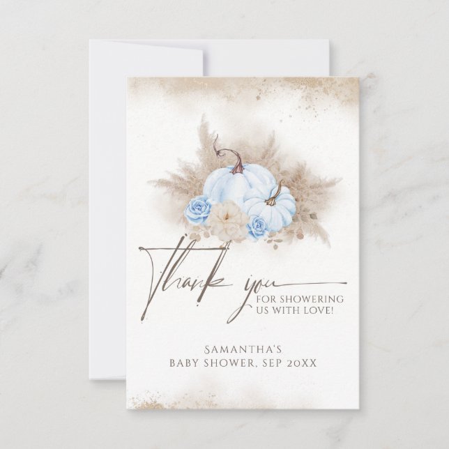 Tarjeta De Agradecimiento Flor de calabaza azul Boho Pampas Baby Shower (Anverso)