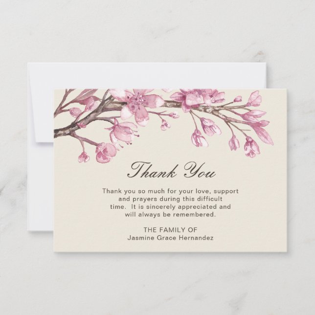 Tarjeta De Agradecimiento Flor de cerezo rosa Elegante Compasión Funeral (Anverso)