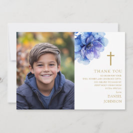 Tarjeta De Agradecimiento Flor de color azul foto primera comunión sagrada