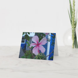 Tarjeta De Agradecimiento Flor de hibisco rosa y cabaña de playa azul