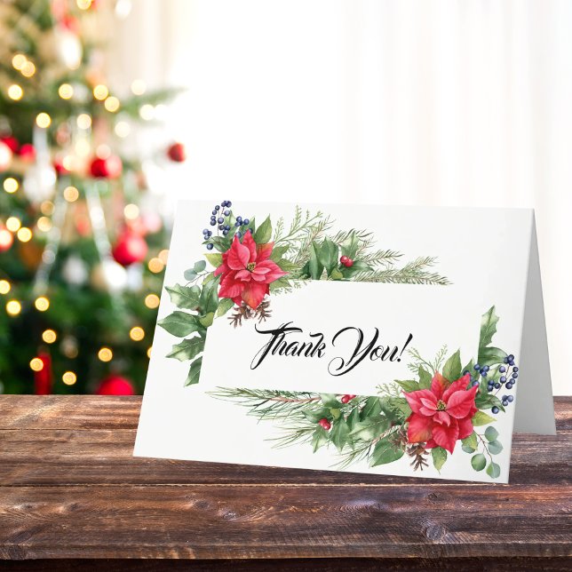 Tarjeta De Agradecimiento Flor de Nochebuena Roja y Verde de Navidad (Festive gratitude! Christmas Baby Shower Thank You Card with poinsettias and greenery.)