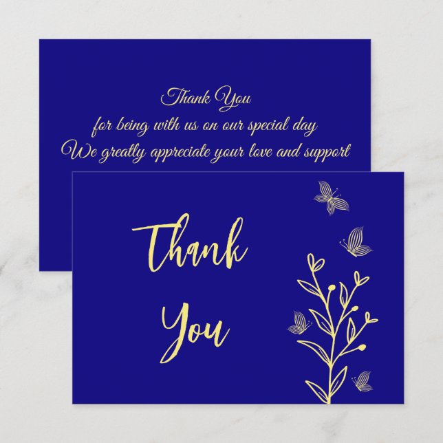 Tarjeta De Agradecimiento Flor de oro simple boda azul real (Anverso / Reverso)