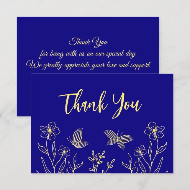 Tarjeta De Agradecimiento Flor de oro simple boda azul real (Anverso / Reverso)