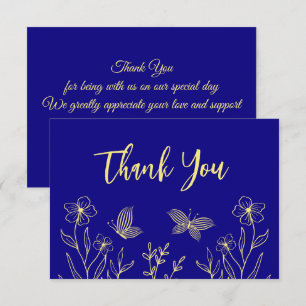 Tarjeta De Agradecimiento Flor de oro simple boda azul real