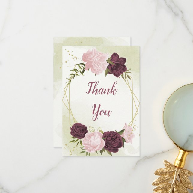 Tarjeta De Agradecimiento flor rosa de cabernet hojas verdes boda (Anverso/Reverso In Situ)