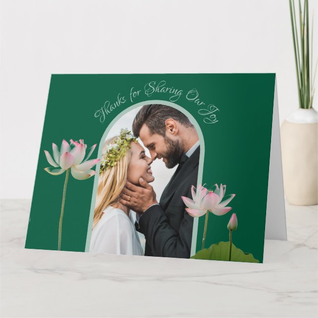 Tarjeta De Agradecimiento Flor rosa Lotus y Boda verde (Anverso)