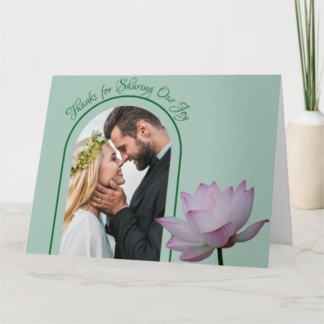 Tarjeta De Agradecimiento Flor rosa Lotus y Boda verde (Anverso)