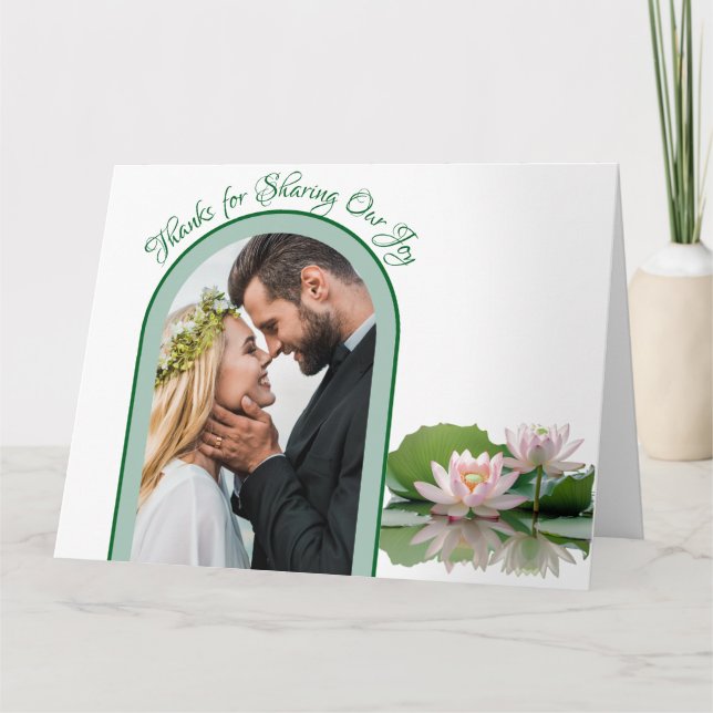 Tarjeta De Agradecimiento Flor rosa Lotus y Boda verde (Anverso)