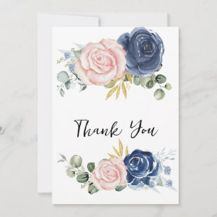 Tarjeta De Agradecimiento Flor rosa y azul acuarela