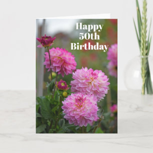 Tarjeta De Agradecimiento Flor rosa y blanca de Dahlia Feliz 50 cumpleaños