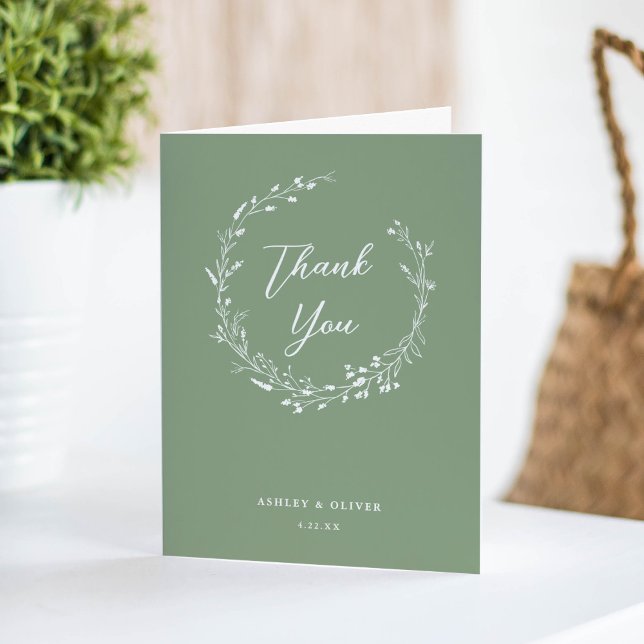 Tarjeta De Agradecimiento Flor salvaje verde sabio rústica + Boda de fotos (Subido por el creador)