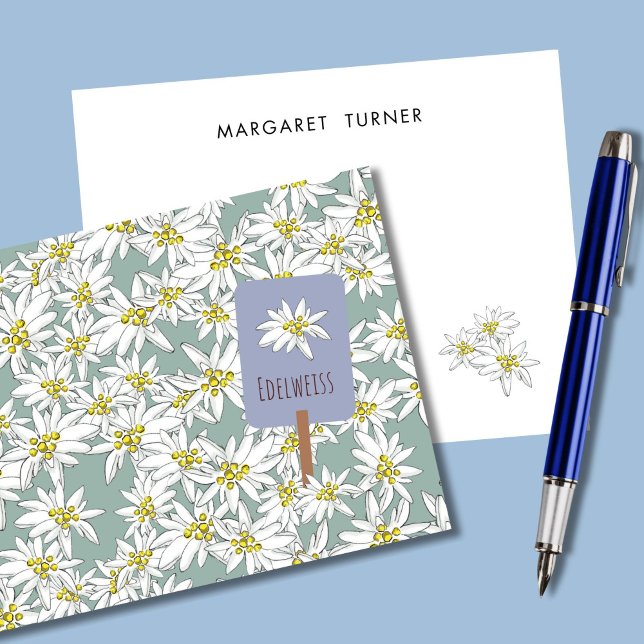Tarjeta De Agradecimiento Flor silvestre alpina Edelweiss bohemio lindo verd (This Edelweiss card is hand-illustrated with Alpine wildflowers and classic typography.)