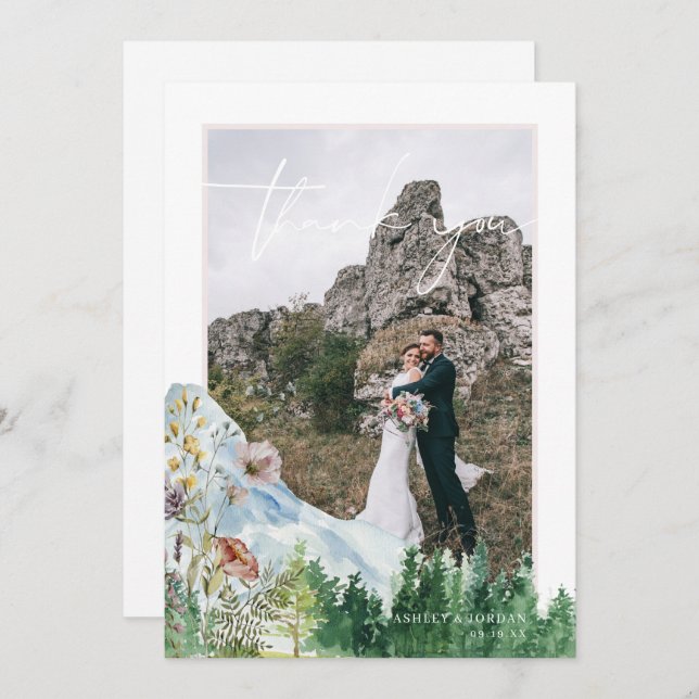 Tarjeta De Agradecimiento Flor silvestre | Boda de fotos Gracias (Anverso / Reverso)