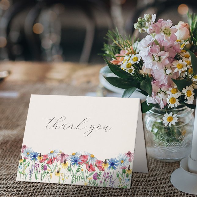 Tarjeta De Agradecimiento Flor silvestre Boda Rustic Country Floral (Wedding Thank You Card with elegant script and wildflower border)