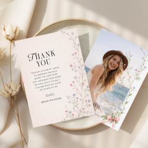 Tarjeta De Agradecimiento Flor Silvestre Elegante Lazo Rosa Foto de Graduaci
