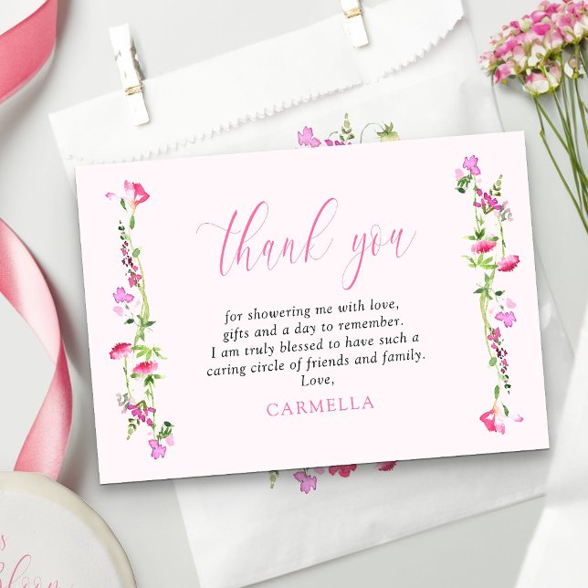 Tarjeta De Agradecimiento Flor silvestre rosa Delicada Floral bonito (Pretty pink thank you cards with pink calligraphy from my Pink Wildflower Bridal Shower collection)