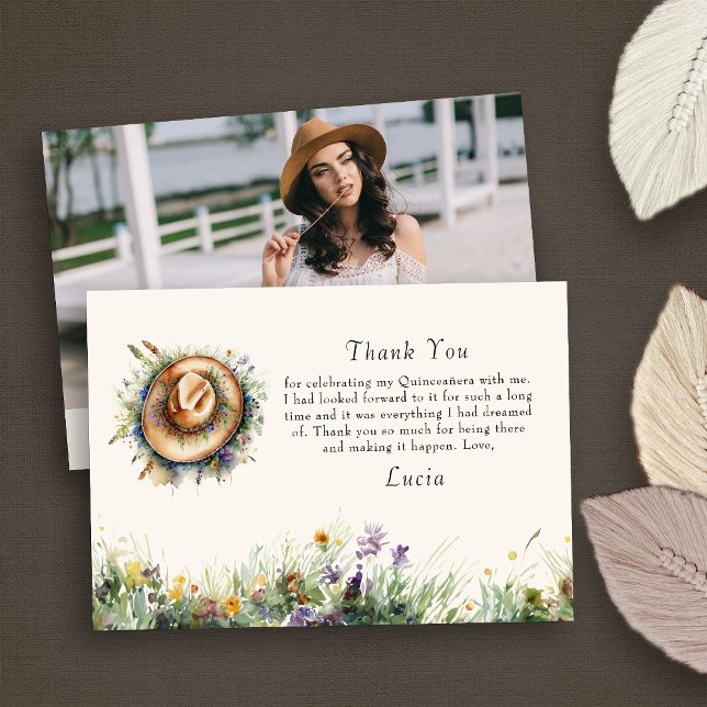 Tarjeta De Agradecimiento Flor silvestre rústica foto de Cowgirl (Photo Thank You Card from my Wildflower Cowgirl Hat Quinceanera Collection
)
